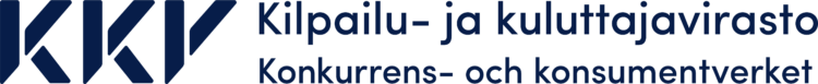 Kilpailu- ja kuluttajaviraston logo, jossa on lyhenne KKV ja jossa lukee suomeksi Kilpailu- ja kuluttajavirasto ja ruotsiksi Konkurrens- och konsumentverket.